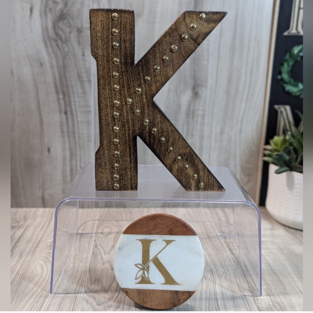 Boho Chic Brown Wood Block Monogram "K" Gold Studs & Wood Marble Coaster Set